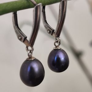 925 Silver & Genuine Black Pearls Dangling Earrings